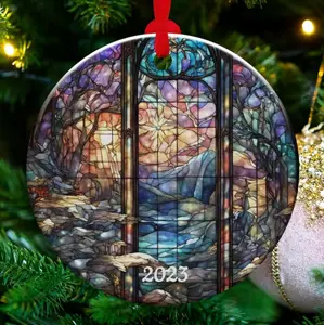 Stained Glass Ornament, 2023 Christmas Decoration, Holiday Gift Idea, Heirloom Keepsake, Round Ceramic, Bauble Present