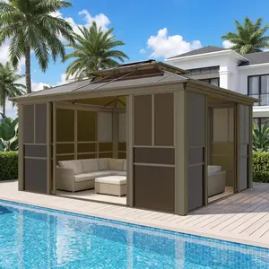 12x14FT Sunroom Gazebo with Double Roof, All-Weather Solarium Kit with Adjustable Windows & Screen, Lockable Sliding Doors, UV-Protected PC Panels for Patio & Backyard, Brown