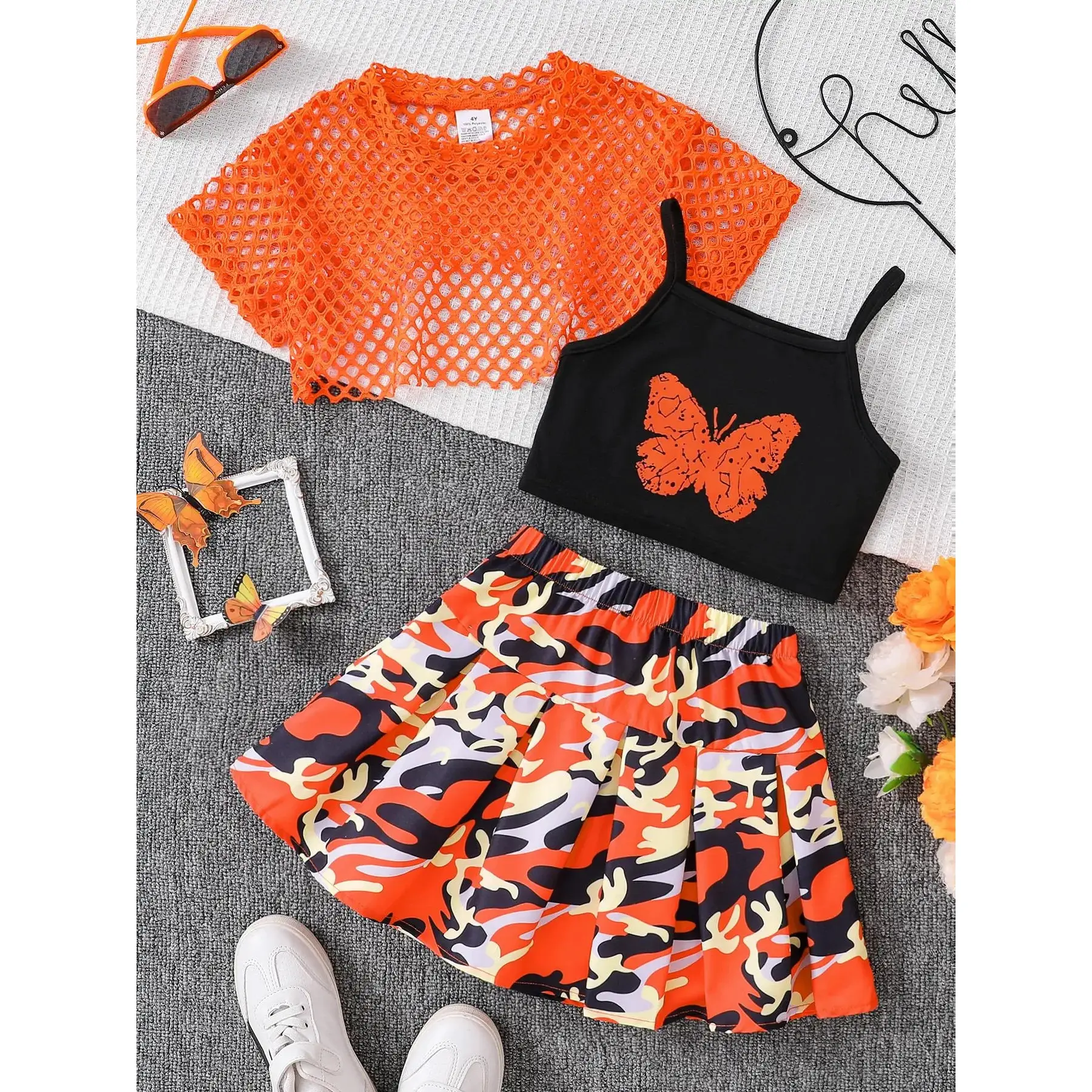 Girl's 3-Piece Casual Wear Set - Butterfly Print Cami, Plain Cutout Top, Camo Print Skirt, Bratz-Inspired Outfit for Summer Daily Outdoor Kids' Fashion Clothes