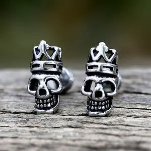 GTHIC Vintage Crown Skull Design Stainless Steel Stud Earrings for Women Men Statement Jewelry Daily Wear