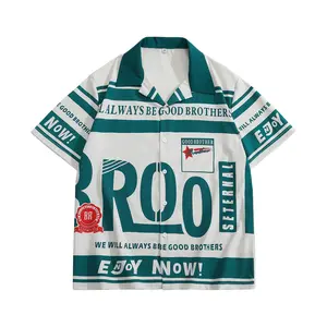 Men’s graphic print short-sleeve button-down shirt, retro letter print Cuban collar casual shirt, oversized streetwear top for summer everyday wear