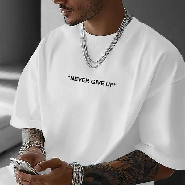 Men's Classic "Never Give Up" Graphic T-shirt, 100% Soft Cotton Casual Streetwear Top with a Round Neck and Loose Fit, Tshirt
