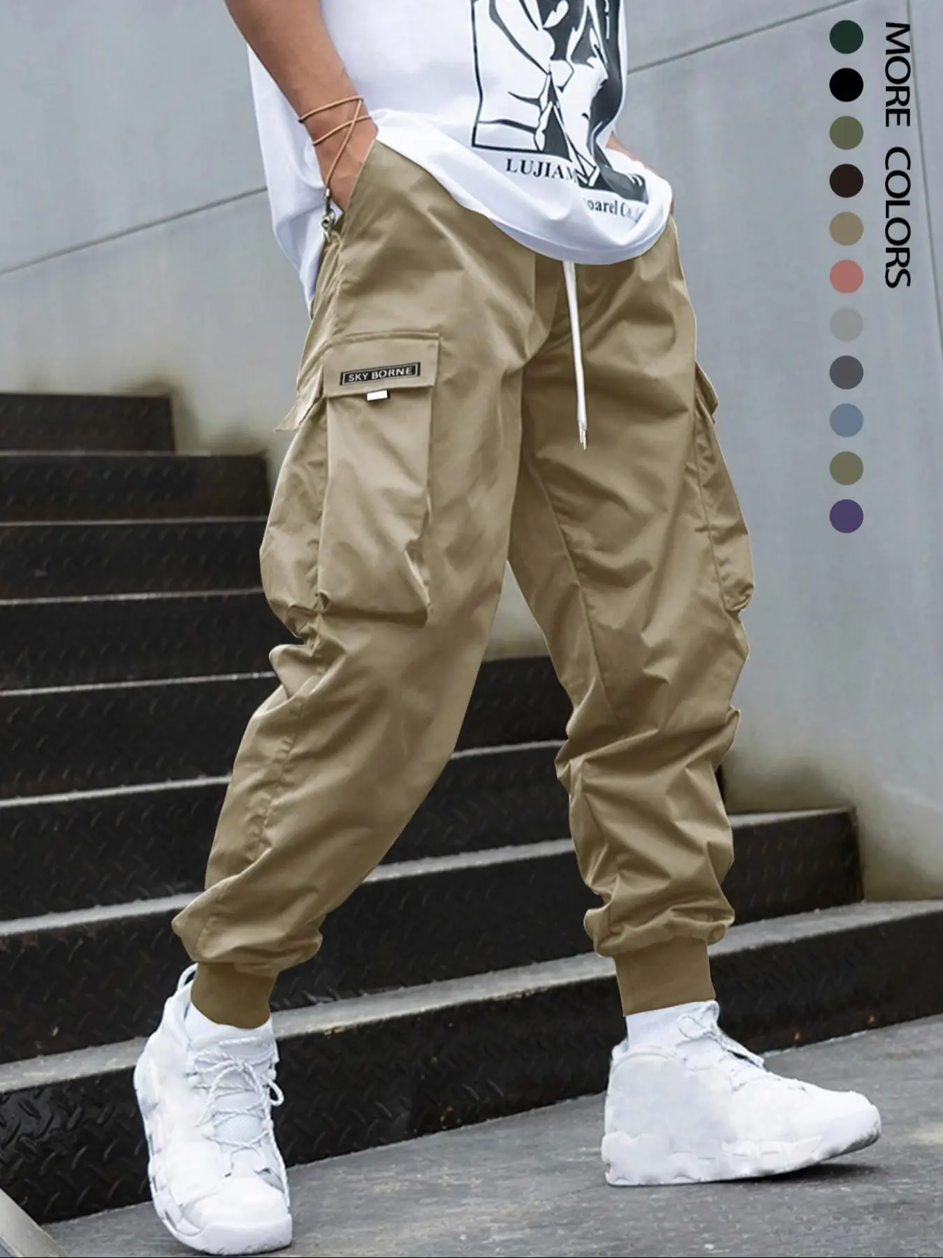 Men's Letter Patched Drawstring Cargo Pants, Outdoor Loose Casual Elastic Waist Pocket Bottoms, Cargo Trousers for Men, Men's Casual Pocket Design Clo