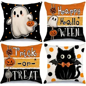 4pcs Halloween Cushion Covers Set, Cat & Ghost Print Zippered Decorative Pillows for Home Sofa Car Outdoor Use 45x45cm (17.72"x17.72")
