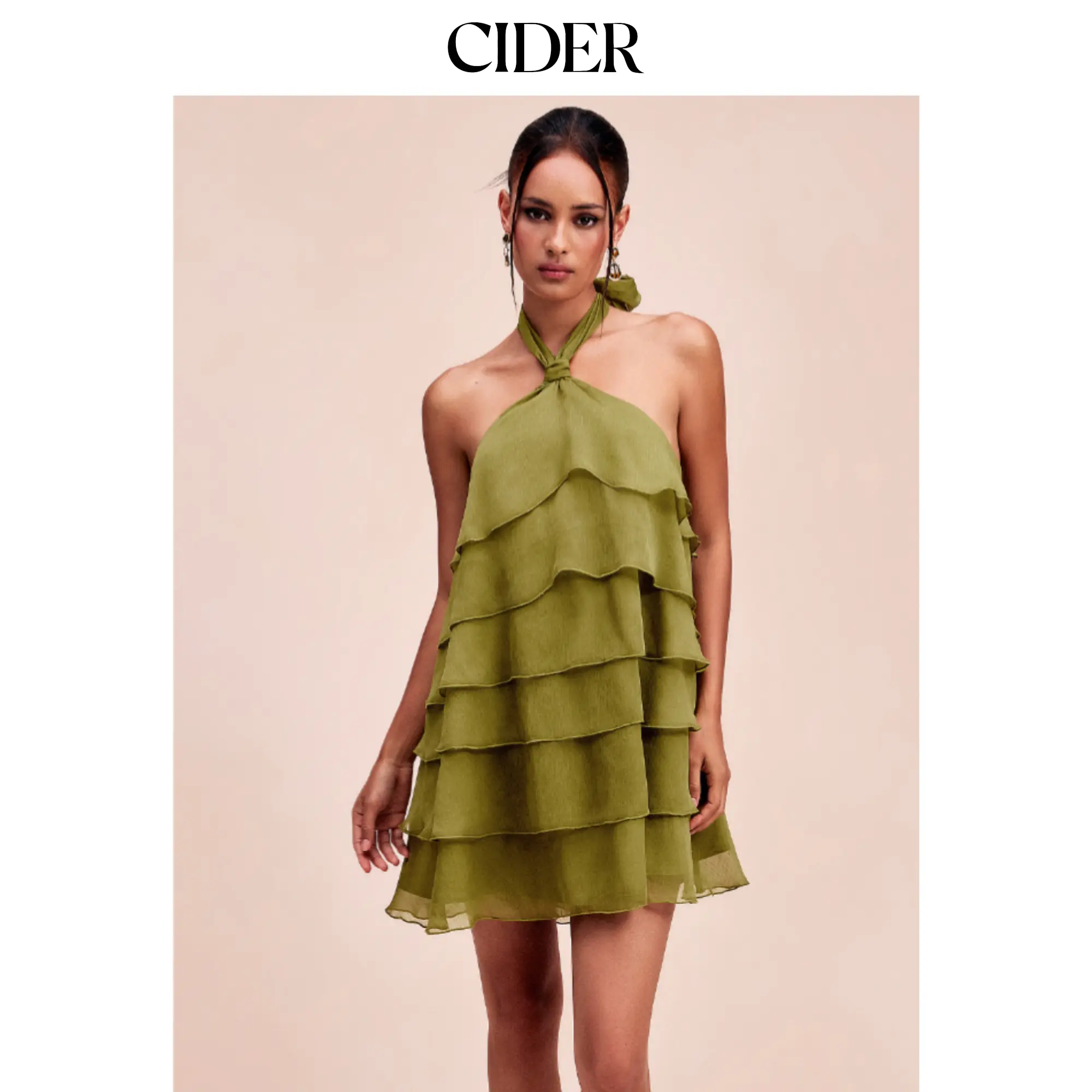 Cider Women's Casual Elegant Sleeveless Chiffon Halter Neckline, Asymmetrical Ruffle Lady's Babydoll Mini Dress, A-Line, Above Knee, Daily, High Waist, Holiday