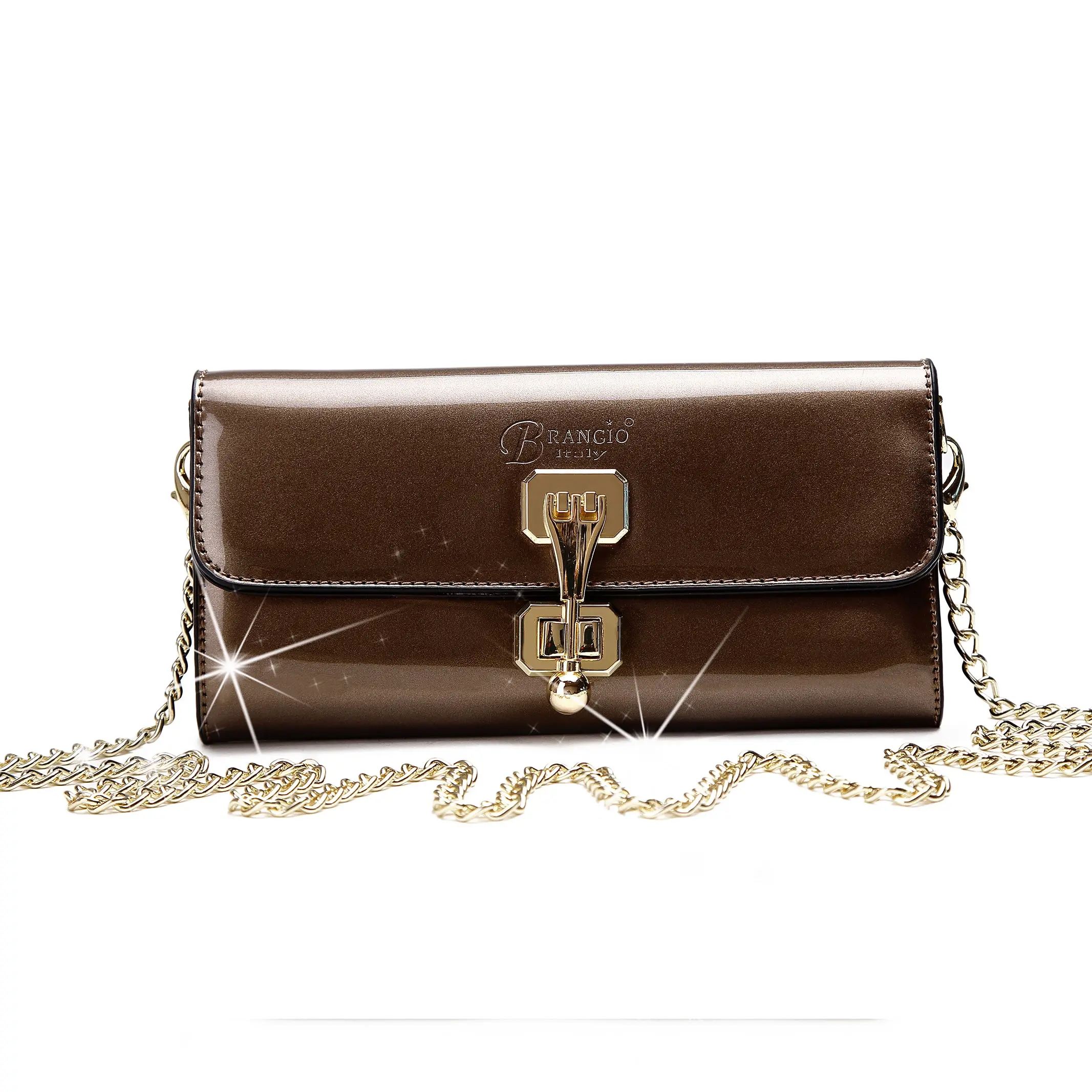 Brangio Women's Glossy Bronze Clutch, Structured Top Patent Leather Evening Bag with Crystal Buckle and Detachable Chain, Crystals, Formal, Statement