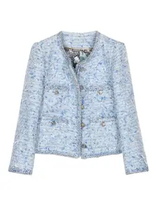 Elegant Blue Tweed Jacket for Women, High-End Design, Fashionable Single-Breasted Outerwear, Perfect for Casual & Formal Occasions 28205