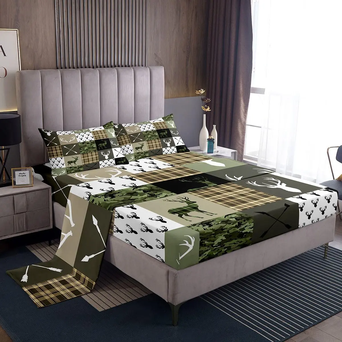 Hunting Camo Bed Sheets Sets Rustic Western Deer Bedding Set Camouflage Hunter Bed Sheet Set 16-Inch Deep Pockets Wildlife Animal
