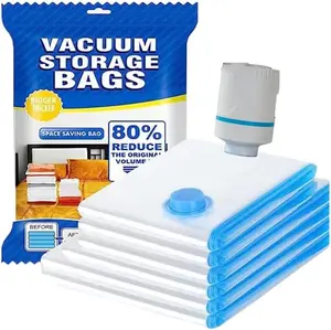 Vacuum Storage Bags 6-Pack Space-Saving Clothing Compression Bags Blue & White Nylon 2 Medium 2 Large 1 Extra-Large Includes Electric Pump Organiser baskets