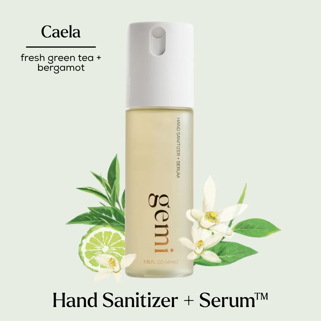 Caela Hand Sanitizer | gemi beauty | Hand Sanitizer + Serum Spray | Hydrating K-Beauty Formula with Centella Asiatica, Vitamin B5 & Green Tea | Kills 99.9% of Germs | Green Tea with Neroli & Bergamot