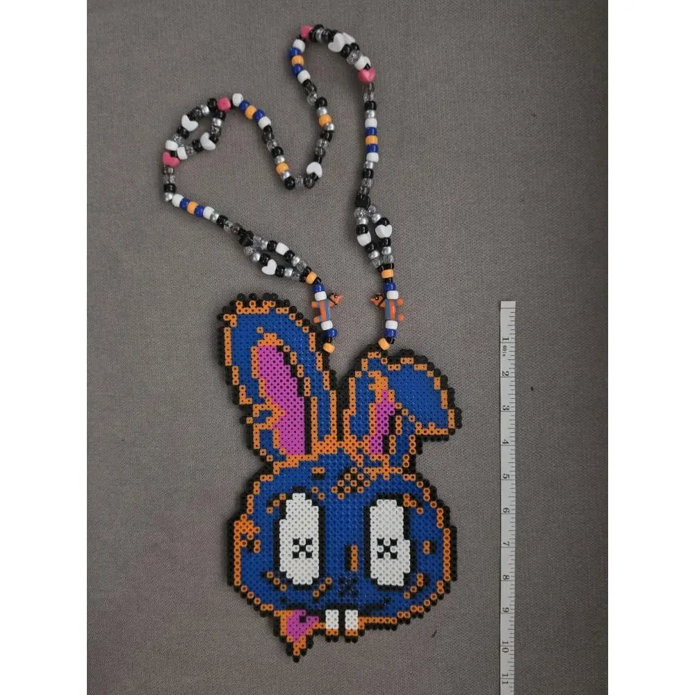 Sippy Bunny Perler Beaded Necklace with Blue Bunny Design, Multicolor Beads, 10-12 Inch Length, Handmade Craft