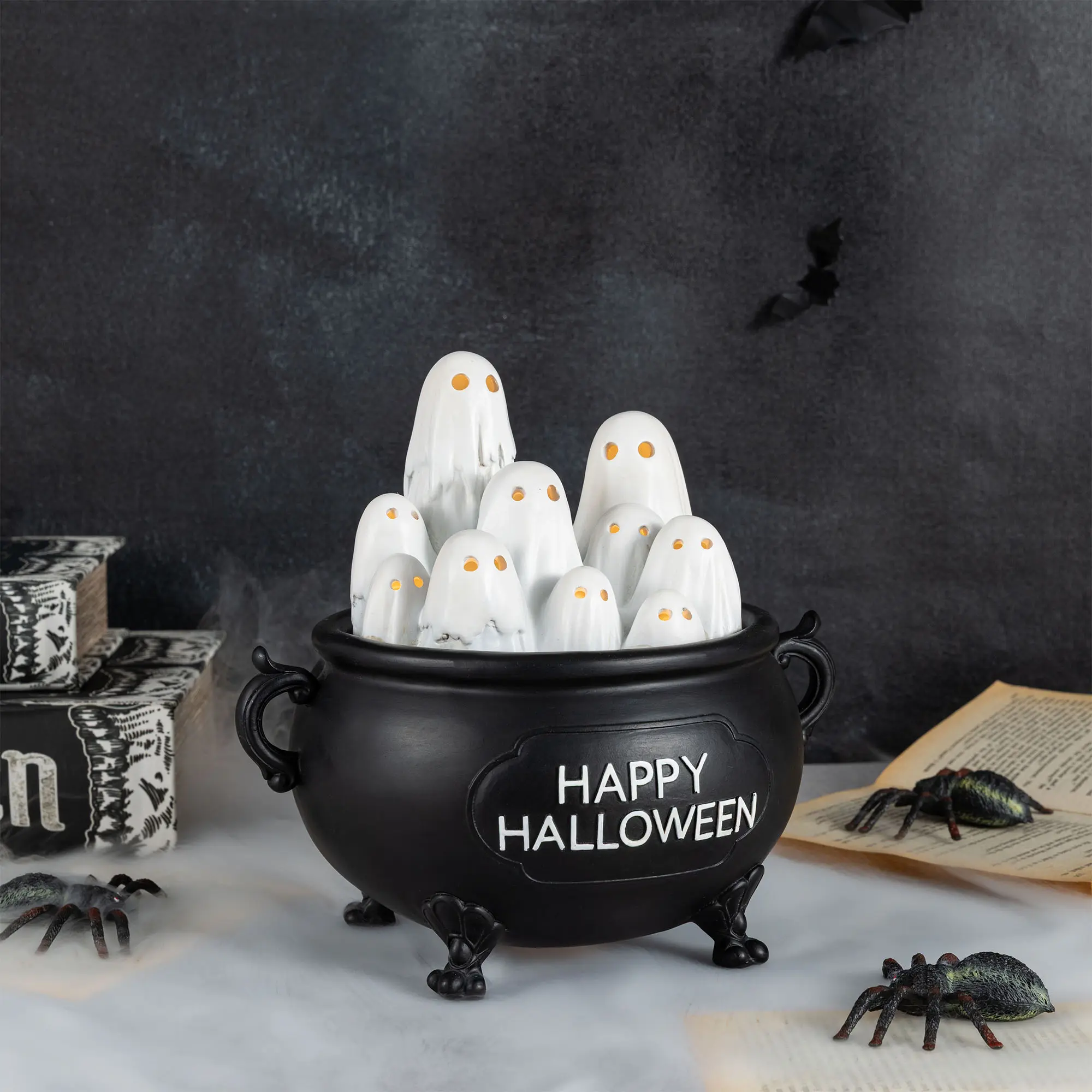 Glitzhome 9" Spooky Lighted Polyresin Ghosts-in-Cauldron Table Decoration, Festive Ornaments w/Timer for Halloween Home Decor