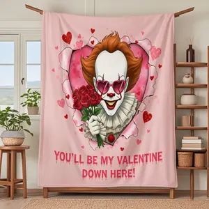 Valentine's Day Themed Rose Bouquet Blanket with Pennywise the Clown and Rose Design, Suitable for Bedroom or Living Room Decoration