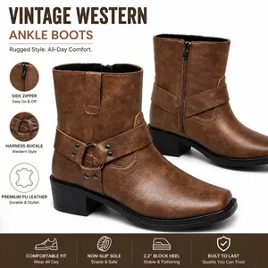 YANXIANSHOES Men's Vintage Western Footwear, Side-Zipper Harness Ankle Boots for Motorcycle & Cowboy Use