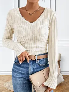 New Arrival Fall Winter V Neck Long Sleeve T-Shirt, Slim-Fit Casual Style, Moderate Fabric Thickness, Perfect for Daily Wear