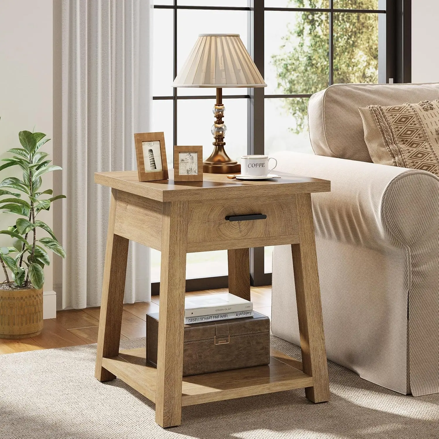 LITTLE TREE Farmhouse Square Side Table, 2 -Tier Wooden End Table with Drawer, Rustic Nightstands with Shelf Storage for Living Room, Bedroom, Office and Small Spaces