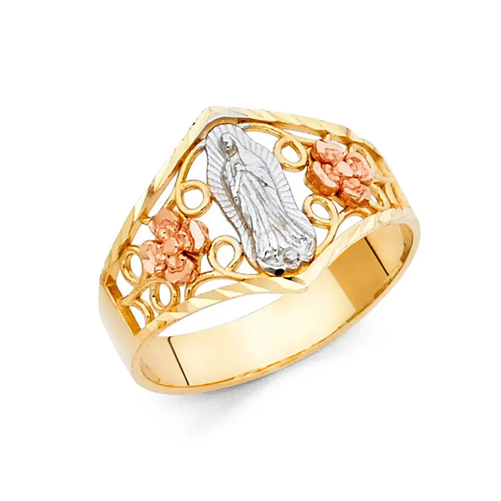 14K Tri-Color Virgencita Guadalupe Floral Ring