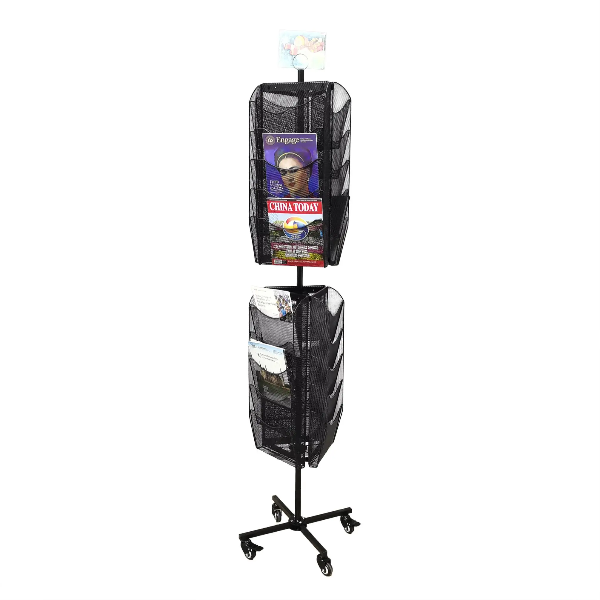 FixtureDisplays® 3 Sided 30 Pockets Mesh File Holder Magazine Rotating Rack Literature Display Stand Spinner Tradeshow Book DVD Black 10156