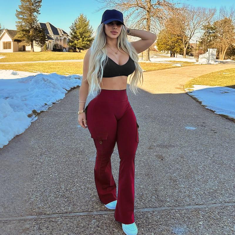 YEOREO CoreFlex High Waist Tummy Control Flare Leggings with Pockets Seamless Scrunch Butt-Lift Cargo Yoga Gym Pants