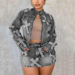 Echoine Women's Denim Skirt Set - Embroidered Cross Patterns Long Sleeve Denim Jacket & Elastic High Waisted Mini Skirt Y2K Fashion Casual Chic Outfit Elastic Womenswear Style Black Fitted