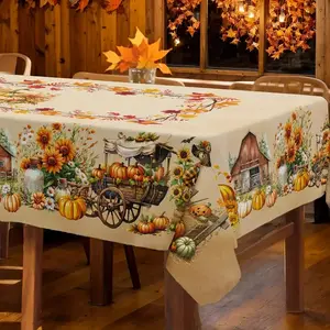 Autumn Thanksgiving themed party tablecloth, autumn harvest pumpkin scarecrow sunflower maple leaf floral country farmhouse style pattern tablecloth, suitable for picnic dinner kitchen restaurant decoration, polyester tablecloth