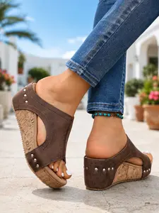 Women's Wedge Sandals, Open-Toe Summer Shoes, Cork Thick Sole Platform Slippers, Rivet Slip-On, Ideal for Casual, Travel, Beach, Daily Wear