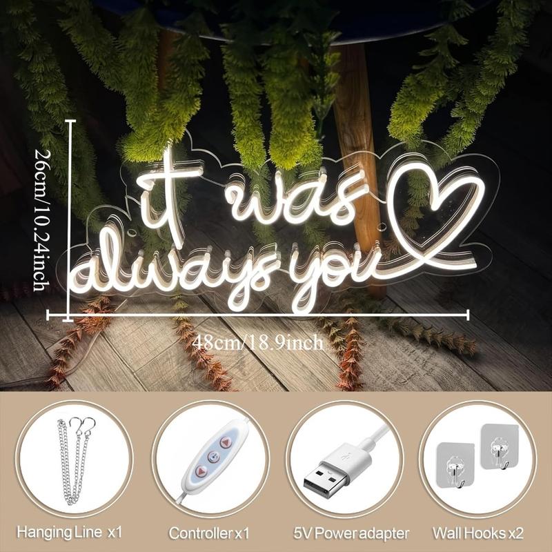 It Was Always You LED white love neon sign, USB powered dimmable, suitable for bedrooms, cafes, bistros, specialty restaurants, wedding studios, boutique hotels, Christmas, Thanksgiving, New Year, Valentine's Day gifts
