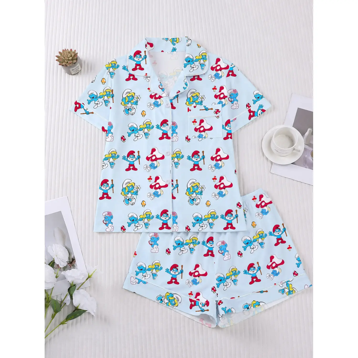 Women's 2-Piece Elf Print Sleepwear Set - Cartoon Design, Short Sleeve Button-Up Top & Elastic Shorts, Comfortable Casual Loungewear for Festive Nights