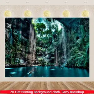 2D Flat 1PC Polyester Mystical Rainforest Cenote Cave Backdrop Banner, Tropical Cave Water Pool Vines Jungle Landscape Photography Background, Indoor Outdoor Use, Ideal For Zen Calm Scene Setup, Portrait Photoshoot, Live Stream Background, Home Wall Art