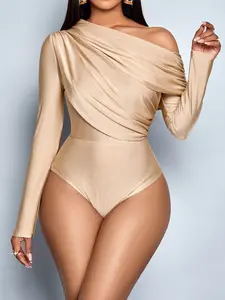 Women's Sexy Casual Knitted Tight-Fitting Top, Asymmetrical Neck Long Sleeve Jumpsuit, Spring Summer for Travel Party Beach