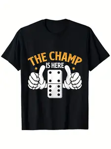 The Champ Is Here Domino King Graphic T-Shirt - Black with Bold Yellow Domino Design, 100% Cotton Retro Gaming Tee, Slight Stretch Unisex Casual Shirt for Men & Women, All-Season Comfort (Sizes S-XXXL) - Perfect for Parties, Beach & Domino Competitions