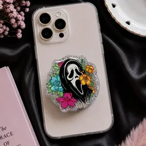 Horror Movie Character Phone Grip – Floral Aesthetic Pop Socket, Scary Ghost Face Phone Holder, Glitter Edge Collapsible Grip for Smartphone Case, Unique Gothic Gift for Her
