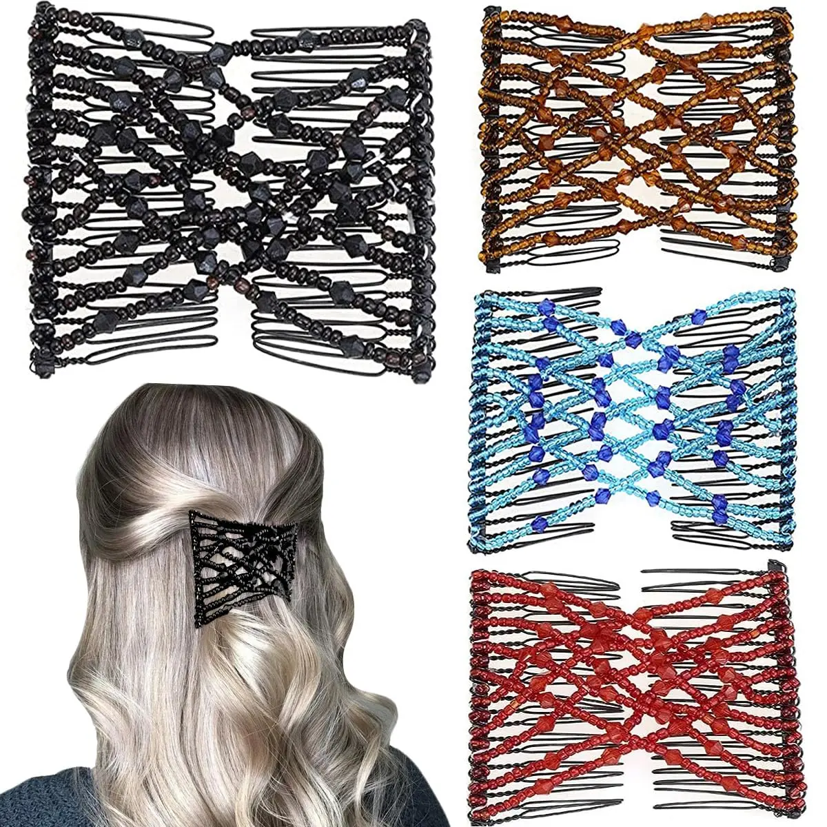 4 Pieces Elastic Magic Hair Comb Clips Stretchy Double Forks For Women Vintage Hairstyle Multipurpose Accessories (beads Style)