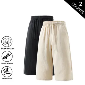 Pack of 2 Men’s Summer Pure Cotton Shorts — Loose Fit, Breathable, Linen Blend, Knee-Length, Casual Straight Cut
