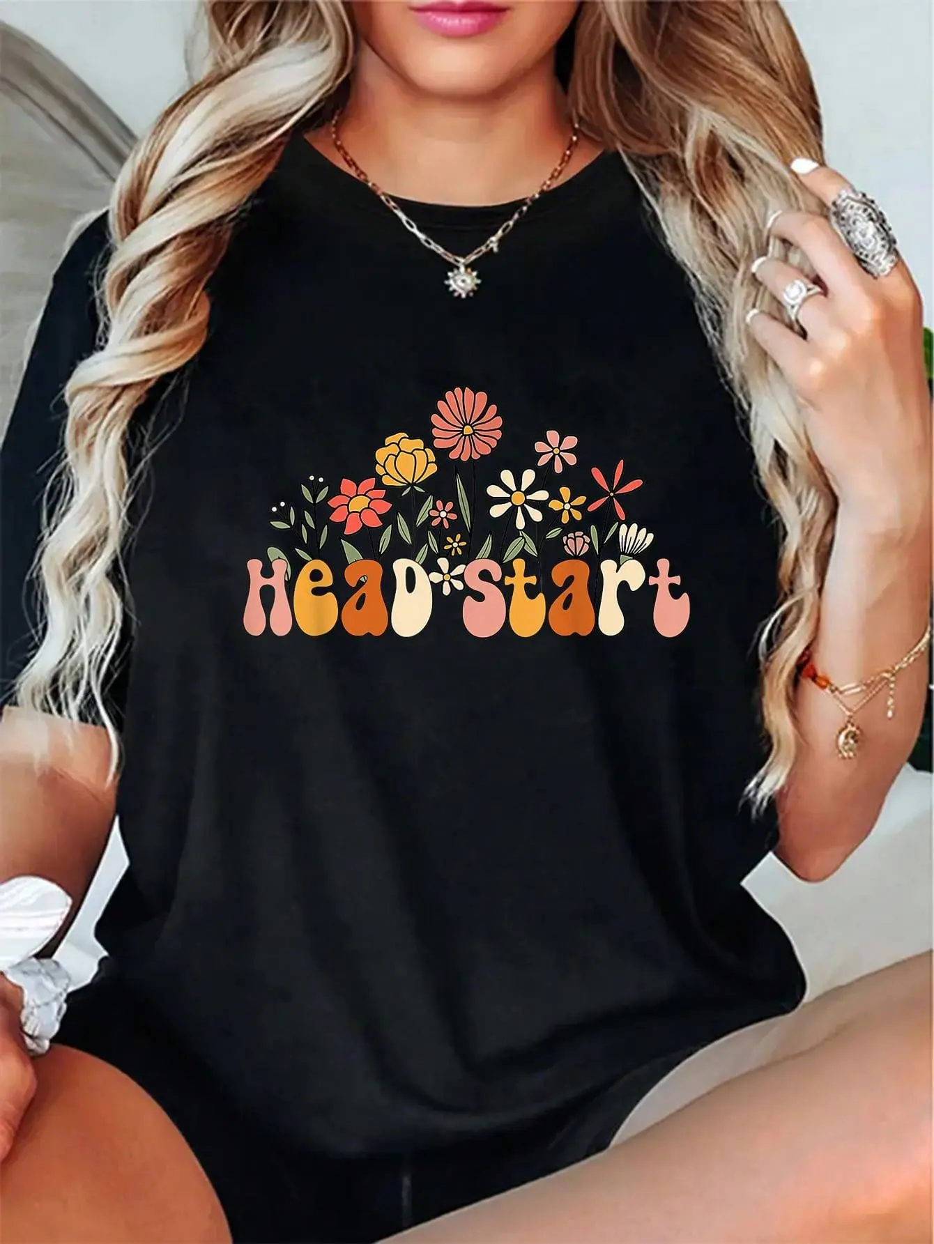 100% Cotton Retro Head Start Era Groovy Flower Headstart Teacher T-Shirt Short Sleeve T-Shirt Women's Men's Graphic Tee Causal Tops