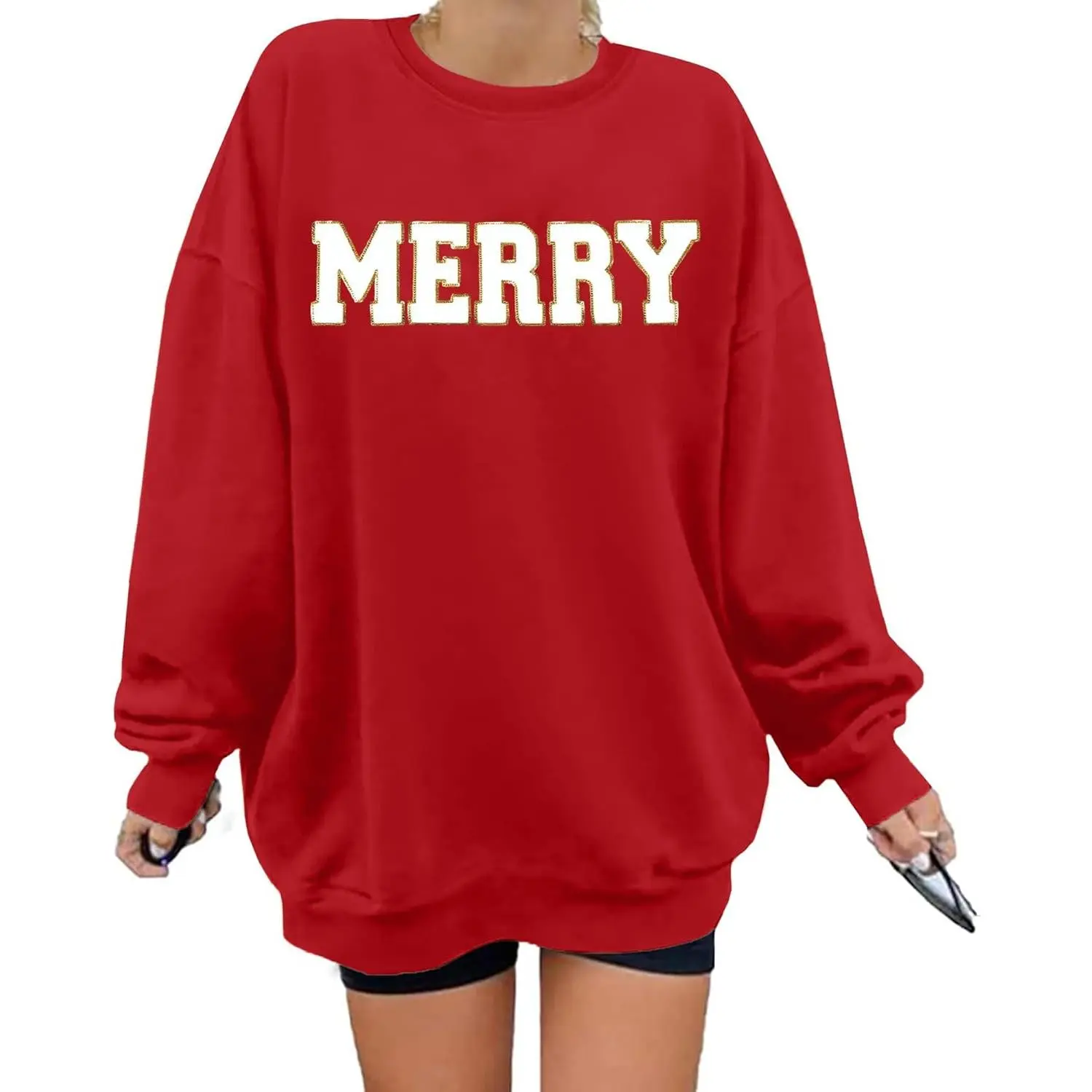 Christmas Sweatshirt for Women, Casual Oversize Crewneck Pullover with Red Sequin Merry Patch, Soft Cotton Blend Holiday Top, Longsleeves, Round Neck