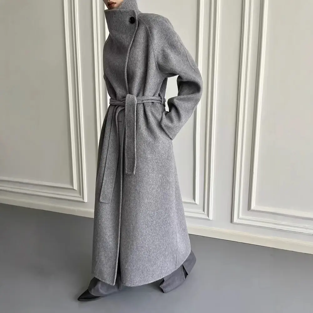 Qianlai Tall Extended Double-Sided Wool Overcoat Women's Autumn Winter Loose Stand Collar Outerwear Large Reversible Woolen Jacket Long Sleeve Casual Minimalist