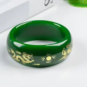 Green Jade Bangle with Gold Dragon & Phoenix Design