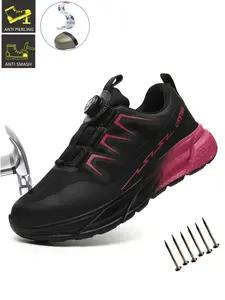 Steel Toe Shoes Women Safety Shoes New Fashion Rotary Buckle Lightweight Comfortable Non Slip Puncture Proof Anti-smash Steel Toe Sneakers for Warehouse Industry