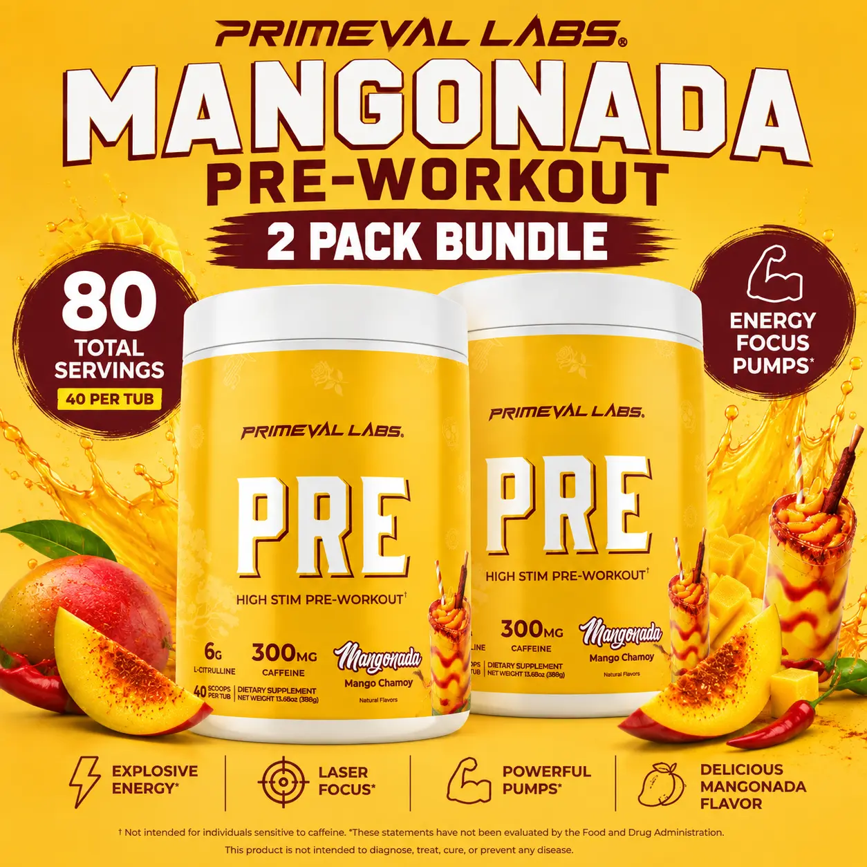 Primeval Labs Mangonada PRE-Workout 2 Pack Bundle – 80 Servings | High Stim Pre Workout Powder | Energy, Focus & Pump | Horchata Flavor | Gym & Fitness Supplement