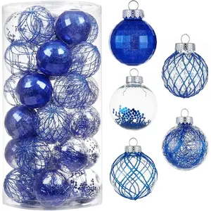 30ct Christmas Ball Ornaments 60mm/2.36" Shatterproof Clear Plastic Xmas Balls Baubles Set with Stuffed Delicate Sparkling Hanging Christmas Tree Decorations(Blue)