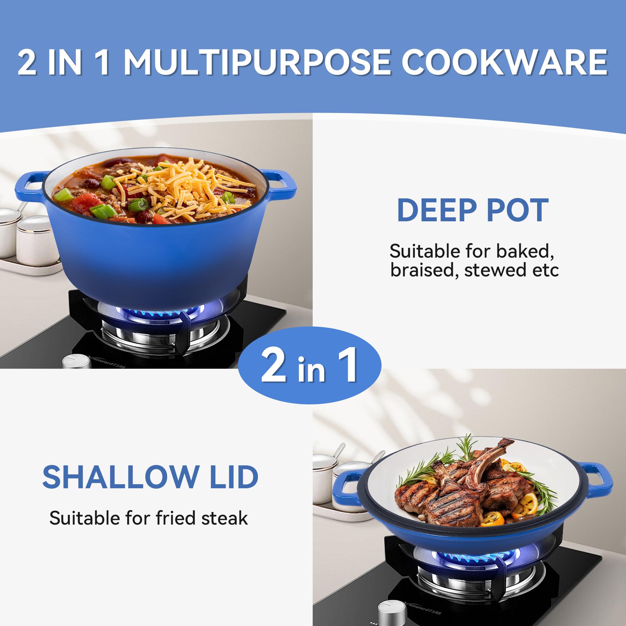 26cm 2-in-1 Enameled Cast Iron Dutch Oven with Skillet Lid, Heavy Duty Soup Pot for Braising, Baking and Daily Cooking braiser pan