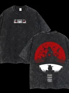 [BT] Naruto Uchiha Itachi Red Moon Crow Vintage Washed Double Sided Oversized Anime Streetwear T-Shirt, Valentine shirts Retro Vintage Anime Double Printed Washed Tee Unisex Oversize Anime Manga Lightweight Cotton T-Shirt Anime Fan