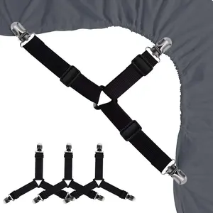 Bed Sheet Holders Straps Fasteners - 4 count 3 Ways Sheet Fasteners Fitted Sheet Corner Grippers Holder Elastic Adjustable Sheet Clip Hooks Suspenders Straps(Black Triangle)