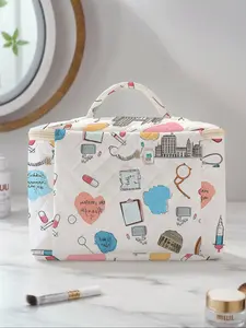 Creative Letter Pattern Travel Cosmetic Bag, Portable Makeup Brush Organizer, Large Capacity Storage Box, Cute Fashionable Cosmetics Pouch