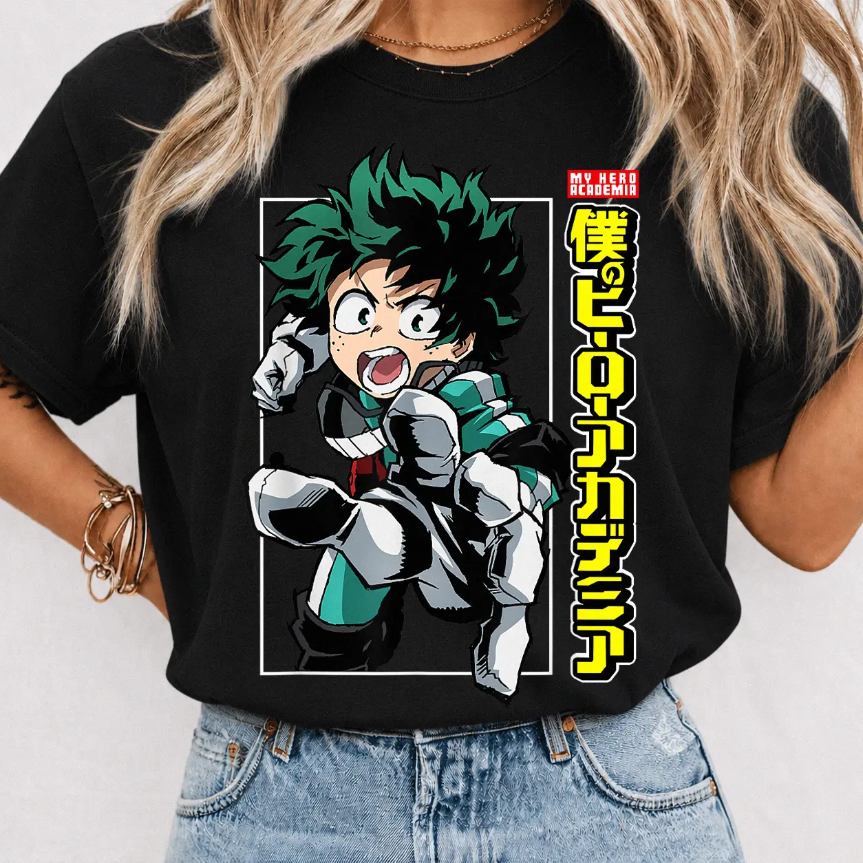 My Hero Academia Anime Y2k Graphic Tee, Deku Action Pose with Kanji Anime Youth Shirt, Deku MHA Anime T-Shirt for Men, Women and Kids