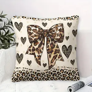 Y2K Leopard Print Bow Cushion, Soft Polyester Fiber, Vintage Style, Easy Clean Invisible Zip, Perfect for American, Sweet Cool, Decor, Soft Padded Cushion