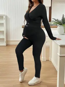 Maternity V-Neck Long Sleeve Labeled Top And Skinny Knit Pants Sportswear Set Knit Two Piece Set Maternity Outfit 2 Piece Lounge Sets Woman Pregnancy Clothes Maternity 2 Piece Set