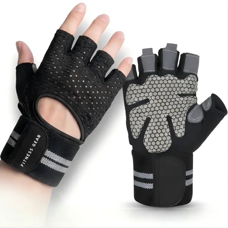 Gym Gloves with Wrist Wrap Support, Half-Finger Breathable Lightweight Anti-Slip Design, Adjustable Handles Strap, Wrist & Palm Protection for Weight Lifting & Gym Training