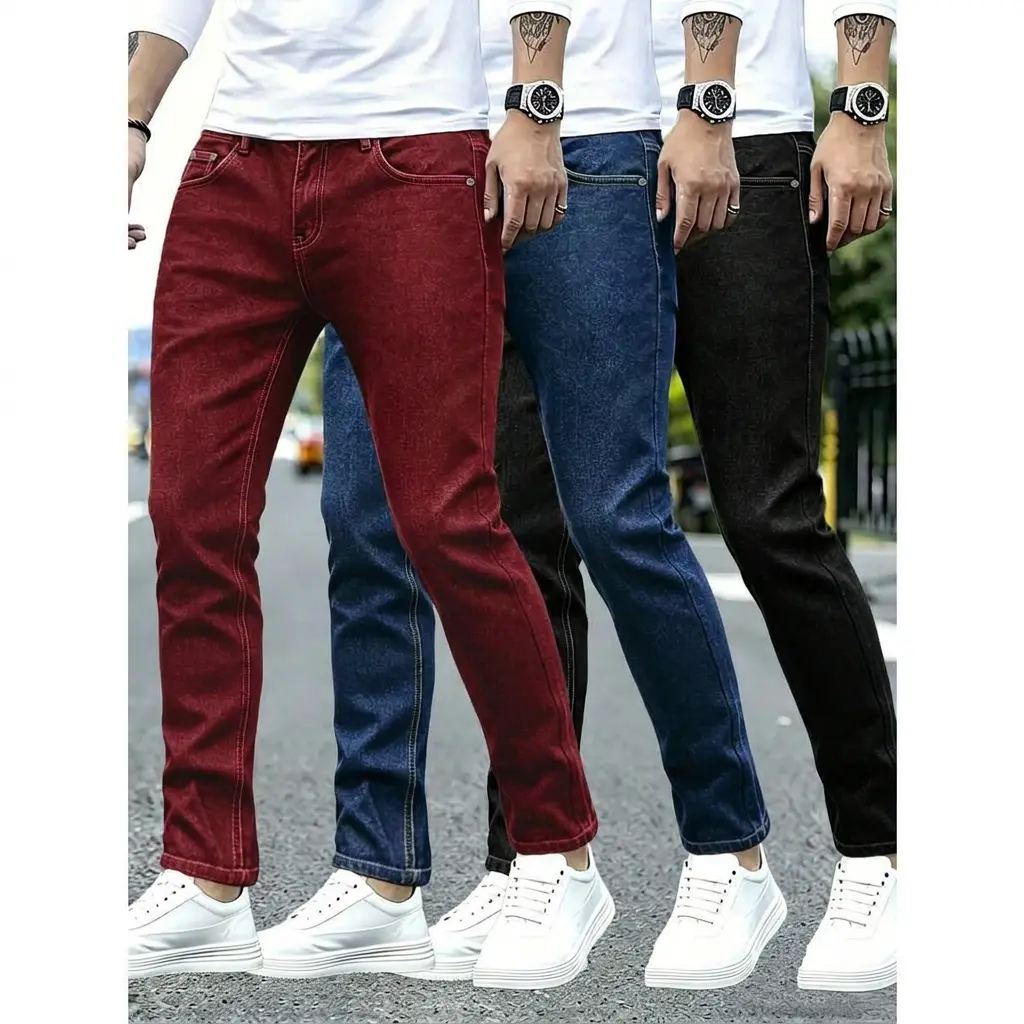 Men's Jeans 3-Pack, Plain Slim Fit in Comfortable Stretch Denim, Mid Waist Multicolor Set for Casual Menswear, Zipper, Pocket, Long Pants, Fabric, Below The Ankle, Conventional, Ankle Length Men's Jeans